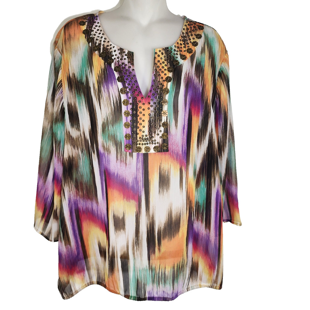 Chicos Womens Embellished Blouse Size 3 US XL Pullover Sheer Chiffon 3/4 Sleeves
